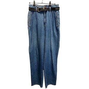 Vintage High-Waisted Blue Denim Tapered Jeans With Black Braided Belt